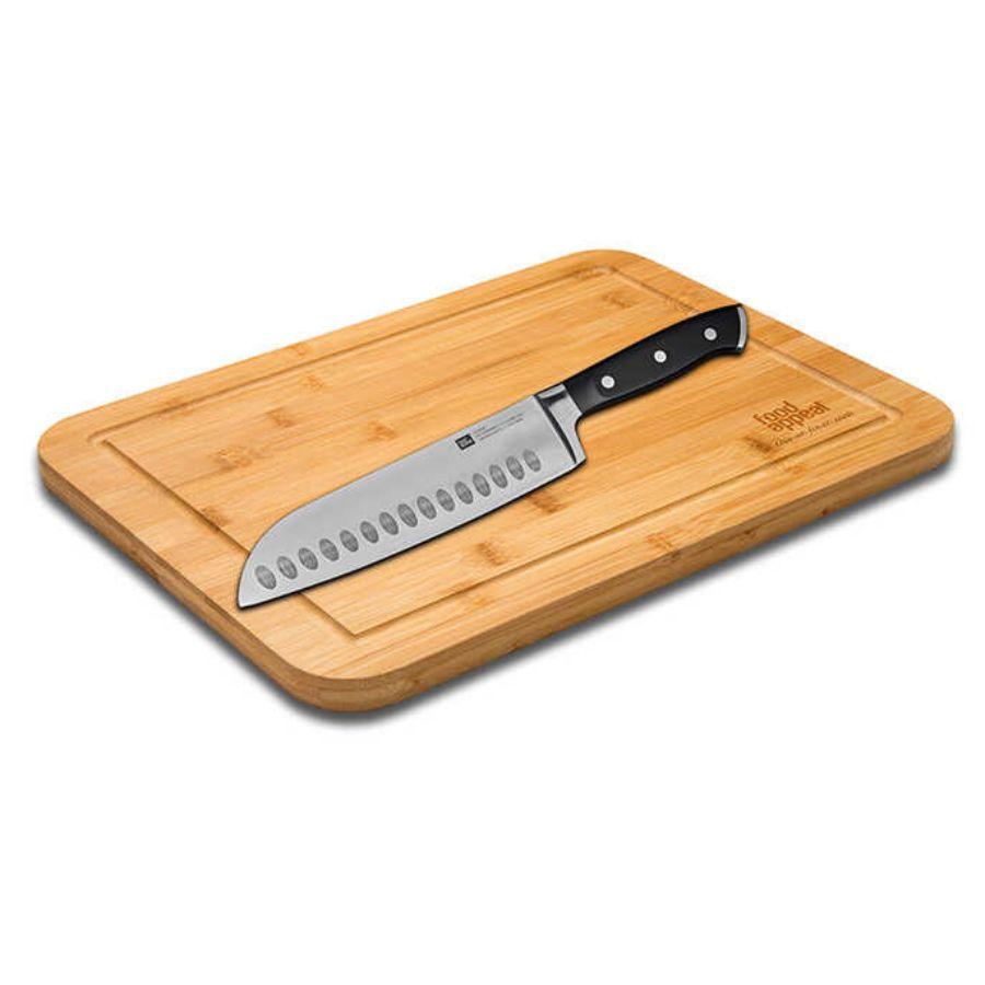 סט קרש חיתוך במבוק  + סכין סנטוקו מקצועית 18 ס"מ CULT