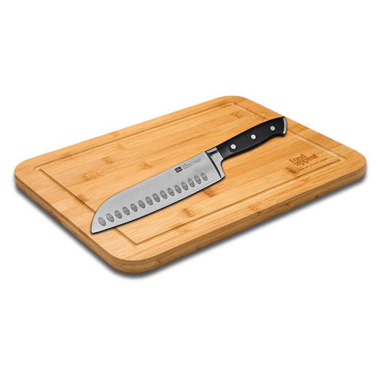 סט קרש חיתוך במבוק  + סכין סנטוקו מקצועית 18 ס"מ CULT