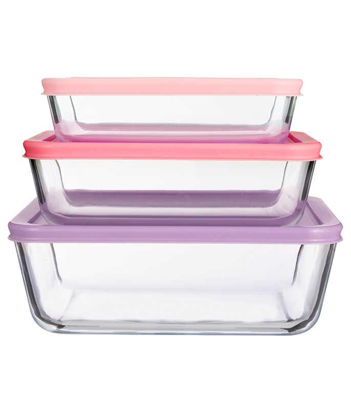 סט אחסון זכוכית 3 חל' מרובע מכסה סיליקון COOK & STORE
