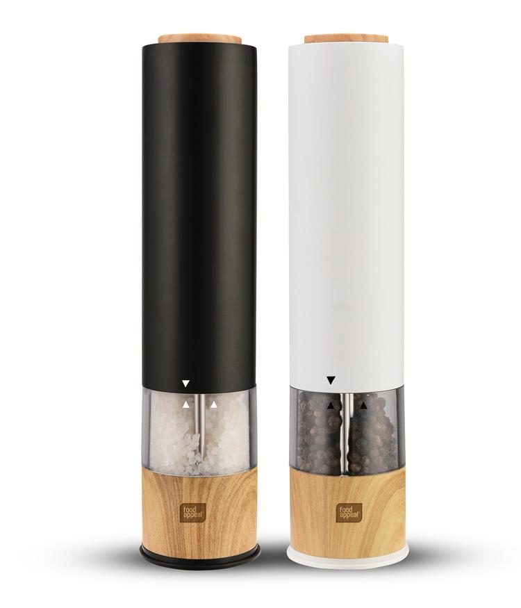 זוג מטחנות אלקטרוניות מלחפלפל שחורלבן