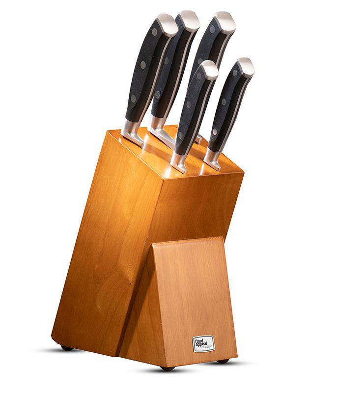 בלוק סכינים 6 חלקים הכולל 5 סכינים ידית שחורה + מעמד עץ כהה CLASSIC